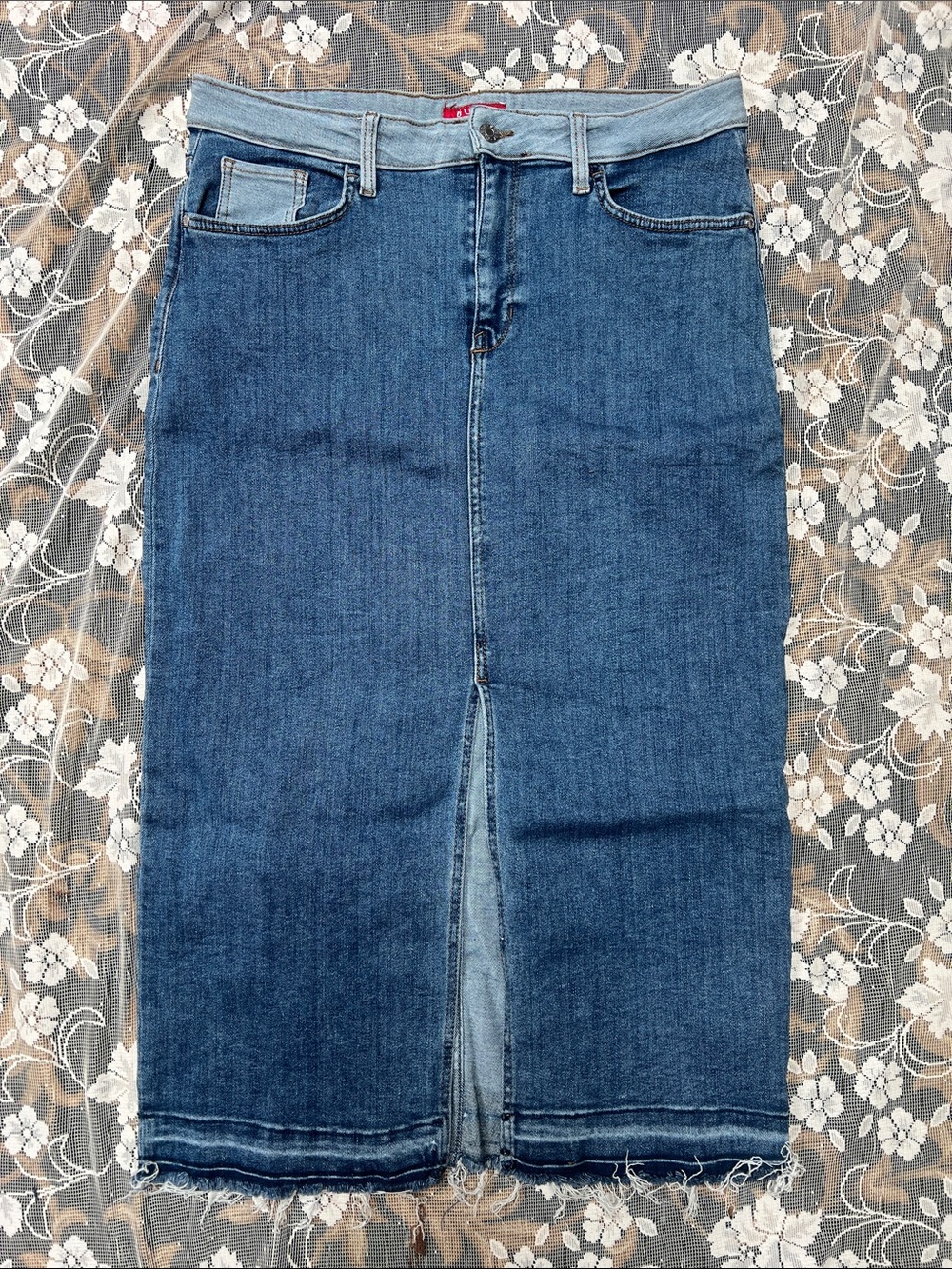 Guess Maxi Denim Skirt Patchwork Back Pockets Raw Hem